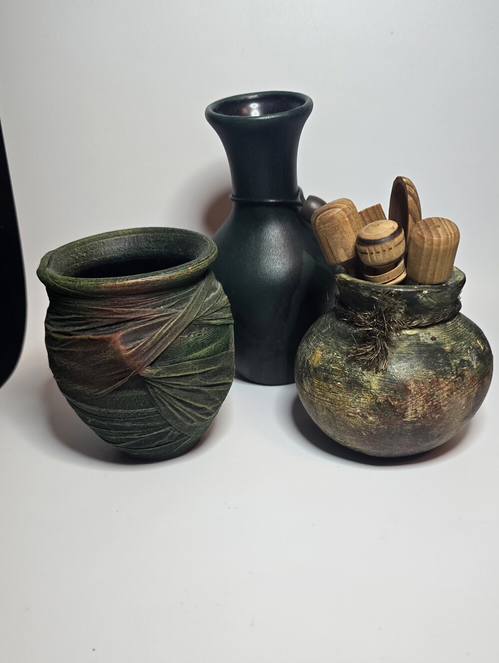 Dark Green Ceramic Vase Trio - Decorative Home Accent